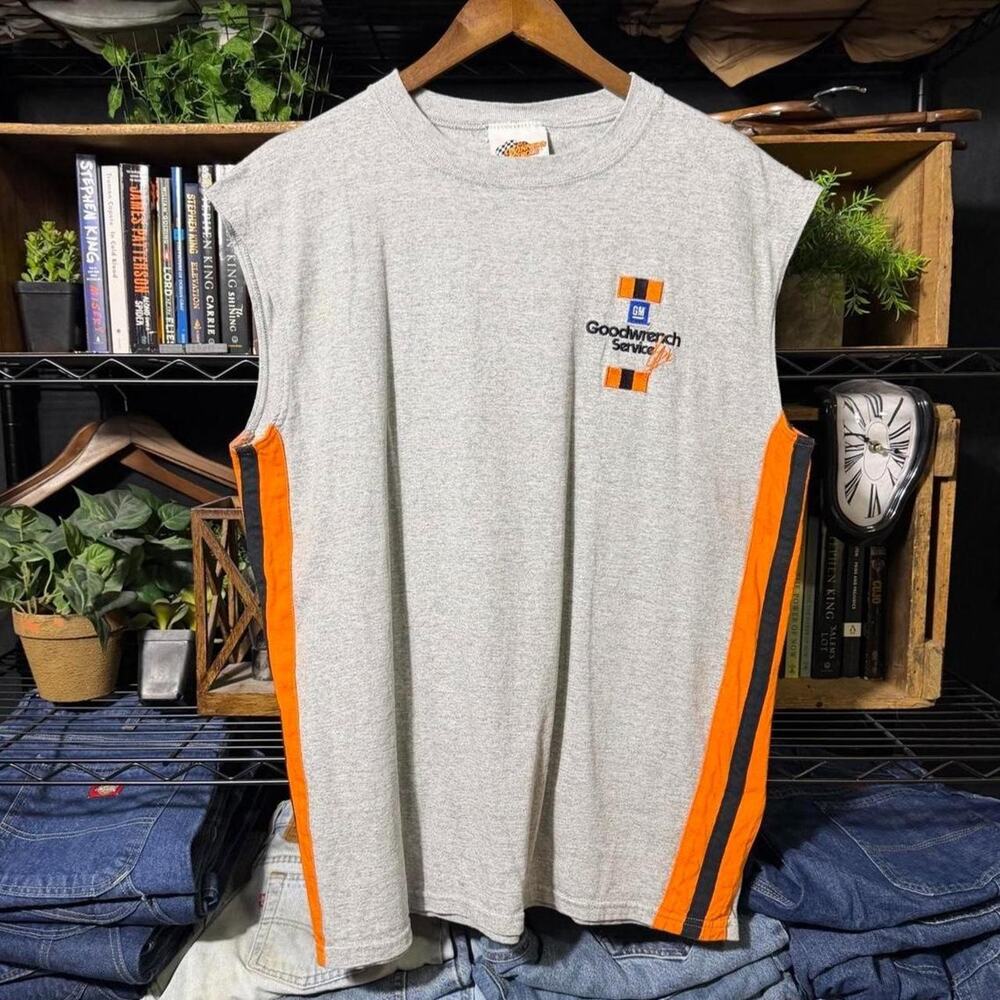 Vintage Y2K Nascar Striped Racing Tank Top Gray Orange Black Tee Shirt Mens XL